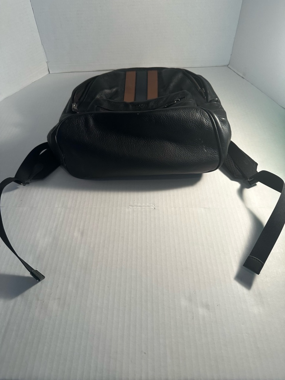 Coach Black Leather Backpack with Brown and Navy Stripe Detailing - Picture 5 of 16